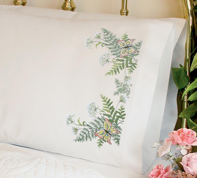 Butterflies & Fern Pillow Cases Stamped Kit (stamped cross stitch)