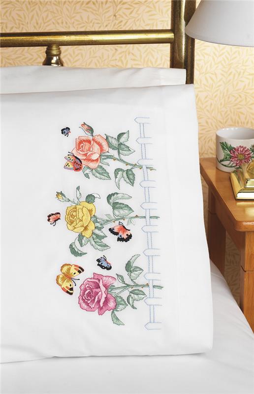 Rose Garden Pillow Case Pair (stamped cross stitch)