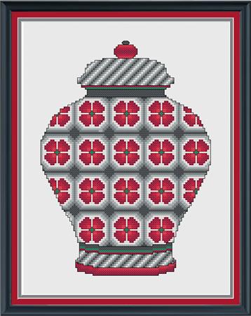 Red and Grey Floral Ginger Jar | Cross Stitch Pattern