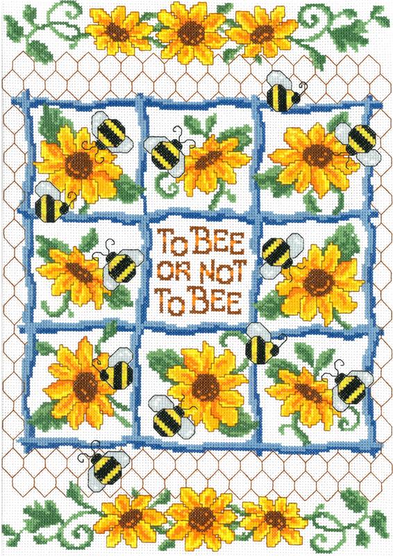 Floral cross stitch pattern with bee