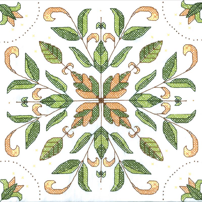 Antique Foliage Stamped Cross Stitch Quilt Blocks 18"X18" 6/Pkg