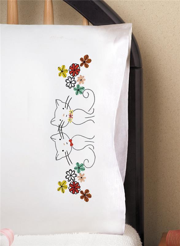 "Retro Cats Stamped For Embroidery Pillowcase Pair"