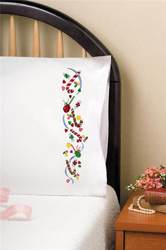 "Christmas Candy Stamped For Embroidery Pillowcase Pair"