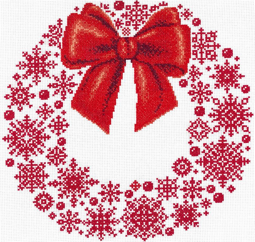 "Redwork Snowflake Wreath" Cross Stitch Pattern