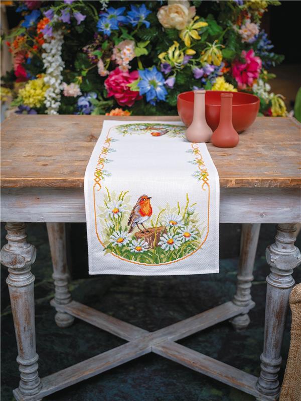 "Daisies and Robin Table Runner" Cross Stitch Kit