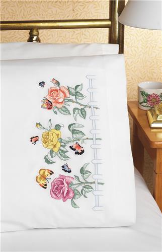 Rose Garden Pillow Case Pair Stamped Cross Stitch