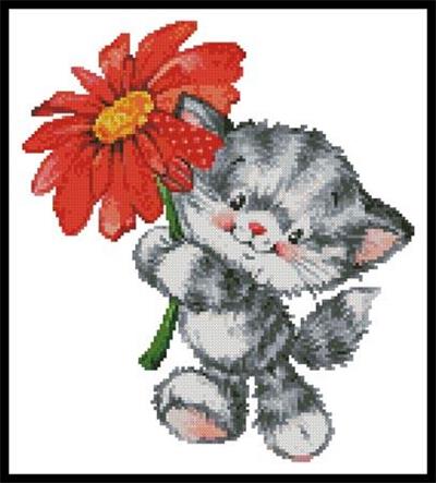 red flower cat cross stitch 