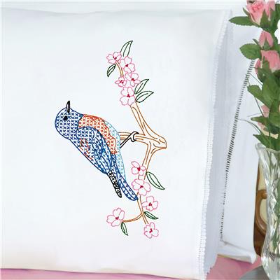 Bluebird Lace Edge White Pillowcase Cross Stitch Kit
