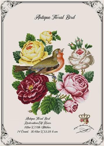 Antique Roses And Bird Cross Stitch Pattern